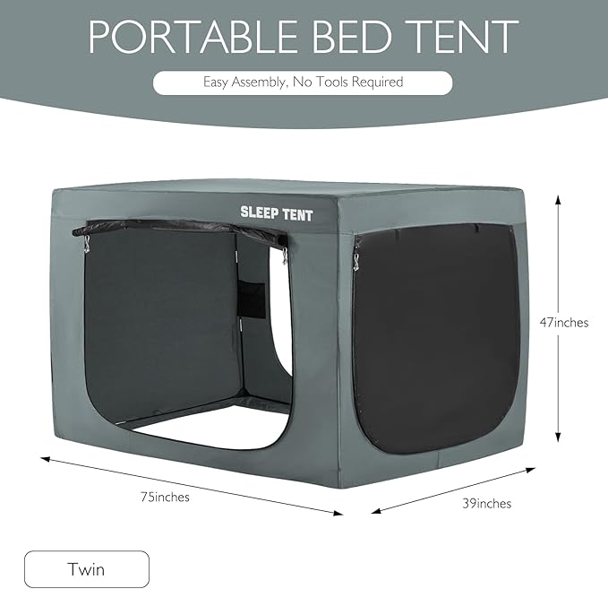BORNA Bed Tent Twin Bed Canopy for Indoor Portable Light Reducing Sleeping Canopy for Kids and Adult,Bunk Blackout Tents Breathable Privacy Space Tent Mosquito Netting for Bed(Pale Gray)
