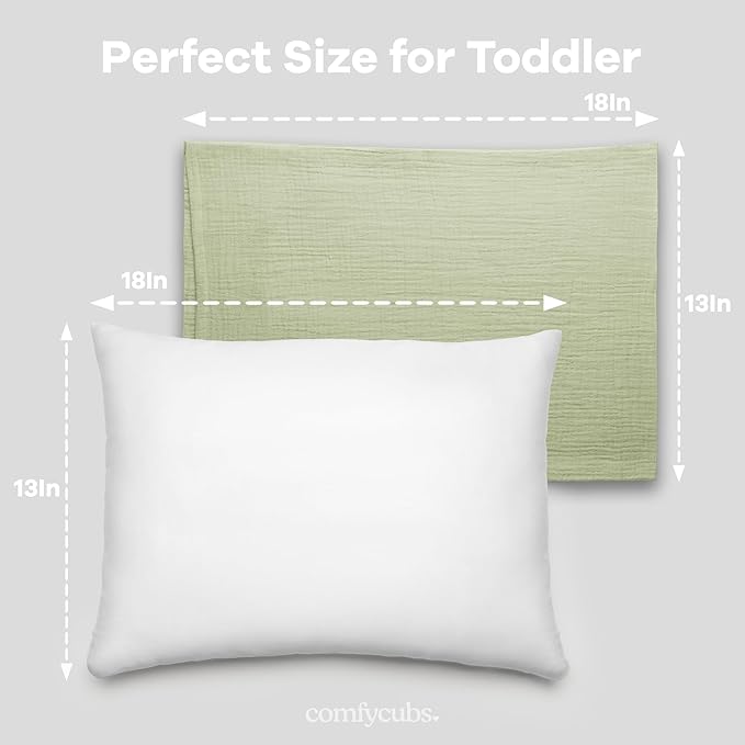 Comfy Cubs Toddler Pillow with Soft Muslin Pillowcase, 13"x18", Sage - Kids Pillow for Sleeping & Travel - Adorable & Comfortable Small Pillow - Kids Travel Pillow with Breathable Microfiber Fill