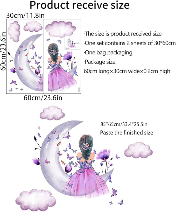 Fairy Girl Wall Sticker Moon Butterfly Fairy Girl Wall Decals Removable Wall Decals Waterproof Wall Mural for Kids Nursery Bedroom