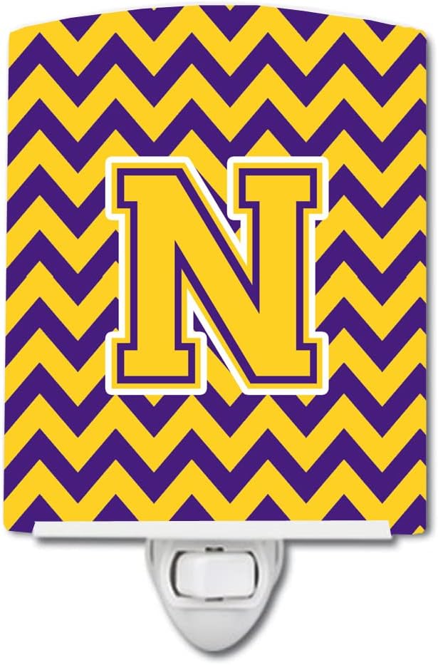 Caroline's Treasures CJ1041-NCNL Letter N Chevron Purple and Gold Ceramic Night Light Compact, UL-Certified, Ideal for Bedroom, Bathroom, Nursery, Hallway, Kitchen, 6x4x3, Multicolor