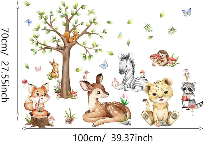 Animal Tree Wall Decals Tiger Fox Deer Zebra Wall Stickers, Removable Kids Toddler Jungle Forest Wall Murals Peel and Stick Wall Art Decor Wallpaper for Kids Bedroom Living Room Wall Décor