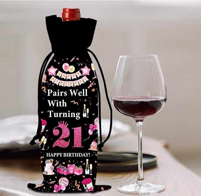 21st Birthday Gifts for Her Him Wine Bag, 21 Year Old Birthday Gifts for Her, Happy 21st Birthday Party Decorations for Her Him, Pairs Well with Turning 21 Wine Bags (Black Pink)