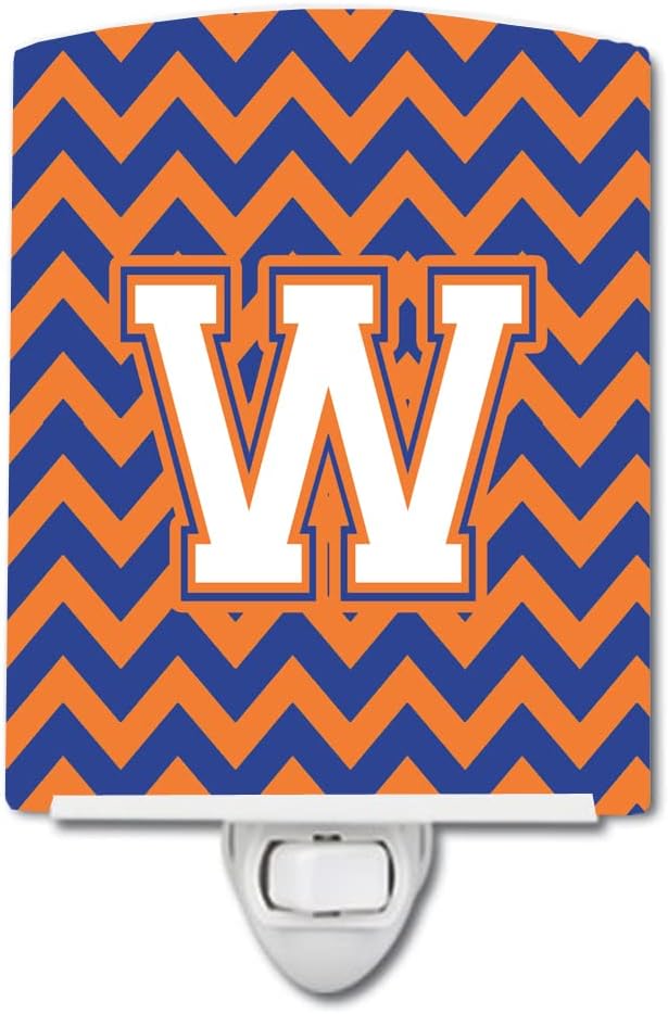 Caroline's Treasures CJ1060-WCNL Letter W Chevron Blue and Orange #3 Ceramic Night Light Compact, UL-Certified, Ideal for Bedroom, Bathroom, Nursery, Hallway, Kitchen, 6x4x3, Multicolor