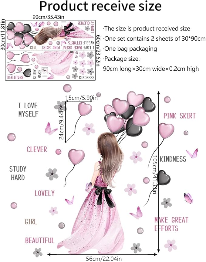 Girly Wall Decals - Pink Dress & Balloons Design, 90cm x 35.43cm, Perfect for Kids' Room