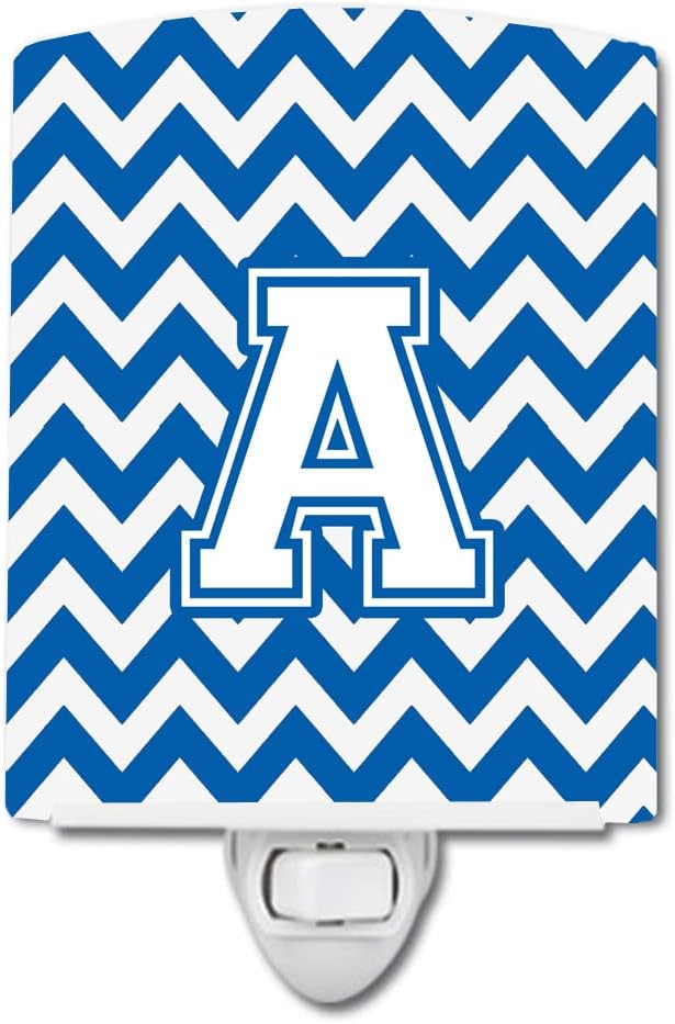 Caroline's Treasures CJ1045-ACNL Letter A Chevron Blue and White Ceramic Night Light Compact, UL-Certified, Ideal for Bedroom, Bathroom, Nursery, Hallway, Kitchen, 6x4x3, Multicolor