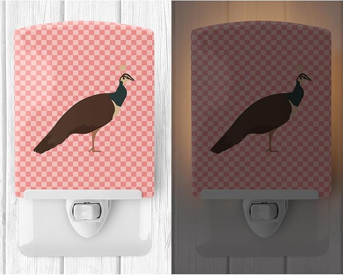 Caroline's Treasures BB7927CNL Indian Peahen Peafowl Pink Check Ceramic Night Light Compact, UL-Certified, Ideal for Bedroom, Bathroom, Nursery, Hallway, Kitchen, 6x4x3, Multicolor