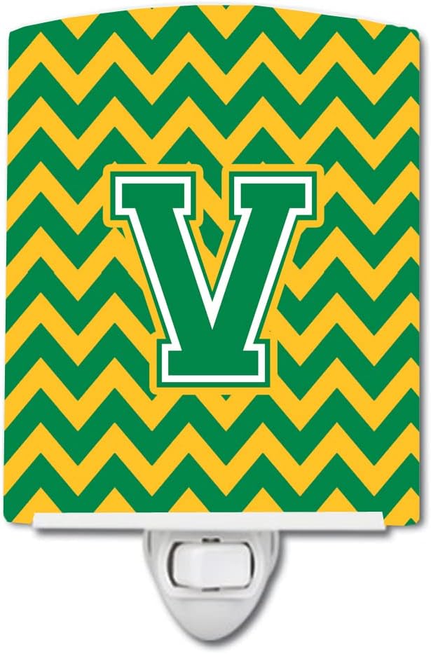 Caroline's Treasures CJ1059-VCNL Letter V Chevron Green and Gold Ceramic Night Light Compact, UL-Certified, Ideal for Bedroom, Bathroom, Nursery, Hallway, Kitchen, 6x4x3, Multicolor