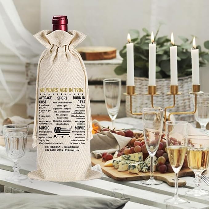 Qubereeree 40th Birthday Gifts for Women Men Funny 40 Year Ago in 1984 Birthday Party Decorations Wine Bags for Mom Dad Grandma Coworker, 40 Year Old Birthday Gifts Vintage 1984 Wine Bag-3