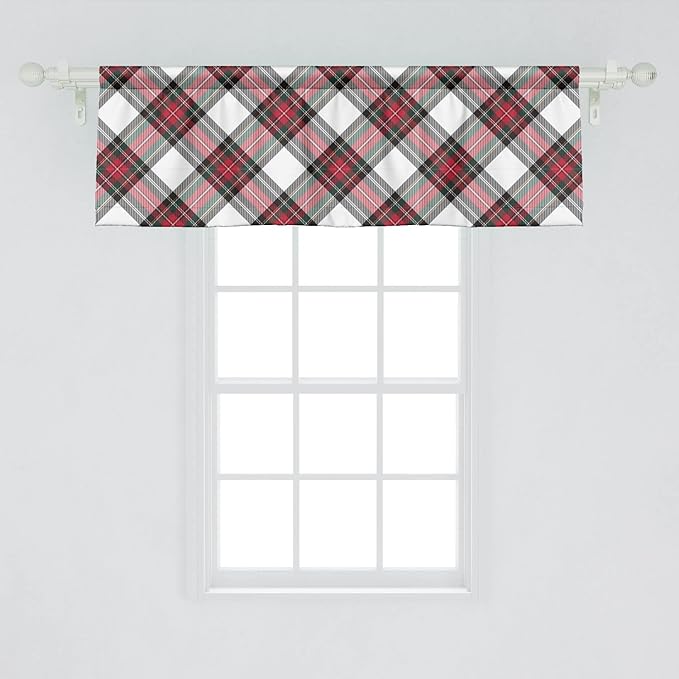 Ambesonne Tartan Window Valance, Traditional Plaid with Diagonal Lines and Rhombuses Scottish Culture Inspirations, Curtain Valance for Kitchen Bedroom Decor with Rod Pocket, 54" X 18", Coral Black