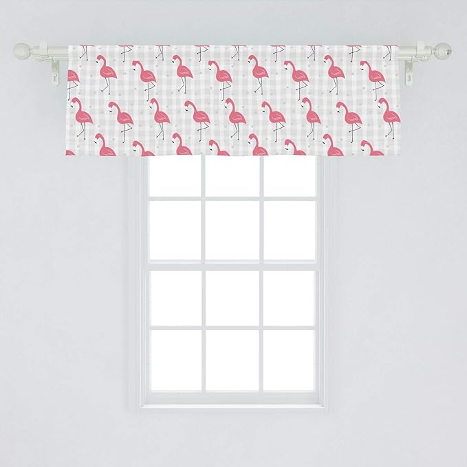 Ambesonne Pink Flamingo Window Valance, Cartoon Birds on Pastel Colored Checkered Background Wild Nature, Curtain Valance for Kitchen Bedroom Decor with Rod Pocket, 54" X 18", Coral Grey