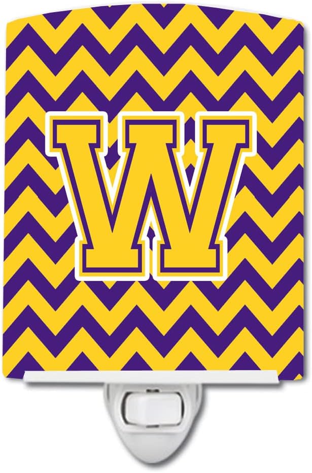 Caroline's Treasures CJ1041-WCNL Letter W Chevron Purple and Gold Ceramic Night Light Compact, UL-Certified, Ideal for Bedroom, Bathroom, Nursery, Hallway, Kitchen, 6x4x3, Multicolor
