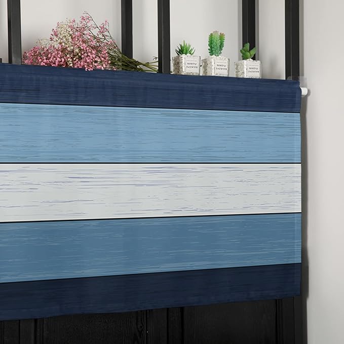 Farmhouse Kitchen Curtains Valances for Windows ,Navy Sky Blue White Rod Pocket Country Window Treatment for Kitchen /Living Room/Bedroom/ Bathroom,42" X 18" -1 Panel, Retro Rustic Barn Wood Texture