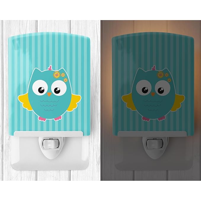 Caroline's Treasures BB9116CNL Owl and Blue Stripes Ceramic Night Light Compact, UL-Certified, Ideal for Bedroom, Bathroom, Nursery, Hallway, Kitchen, 6x4x3, Multicolor