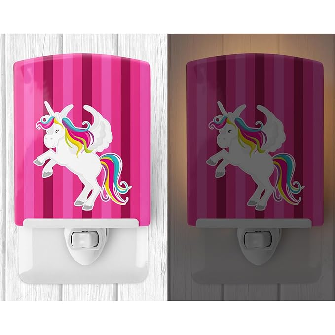 Caroline's Treasures BB9090CNL Unicorn Pink Stripes Ceramic Night Light Compact, UL-Certified, Ideal for Bedroom, Bathroom, Nursery, Hallway, Kitchen, 6x4x3, Multicolor