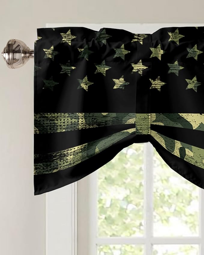 Rustic Green Camo Military Pattern American Flag Blackout Tie Up Valance Curtains for Kitchen Windows Camouflage Window Toppers Balloon Shades for Living Room/Bathroom/Bedroom,1 Panel,42" X 18"