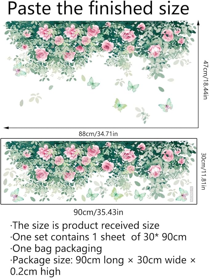 Pink Rose Wall Stickers - Stylish Home Decor with Green Leaves, 30x90cm