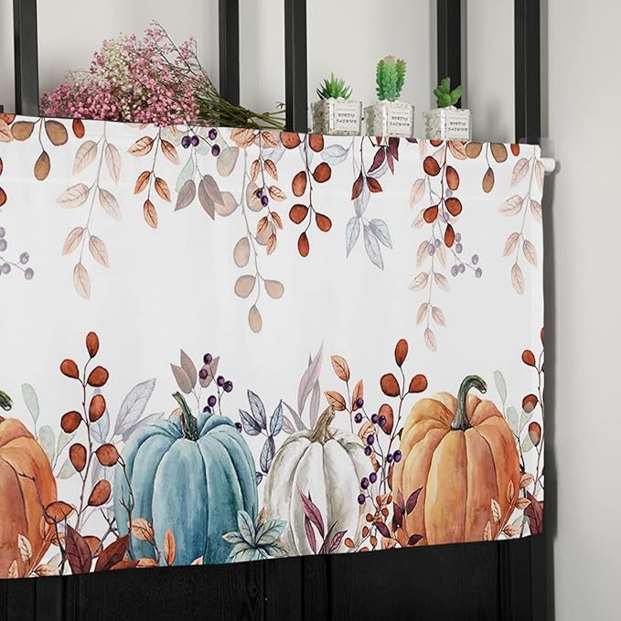 Fall Thanksgiving Kitchen Curtains Valances for Windows Watercolor Autumn Pumpkins Eucalyptus Leaves Rod Pocket Window Treatment for Kitchen /Living Room/Bedroom/ Bathroom,42" X 12", Blue Orange