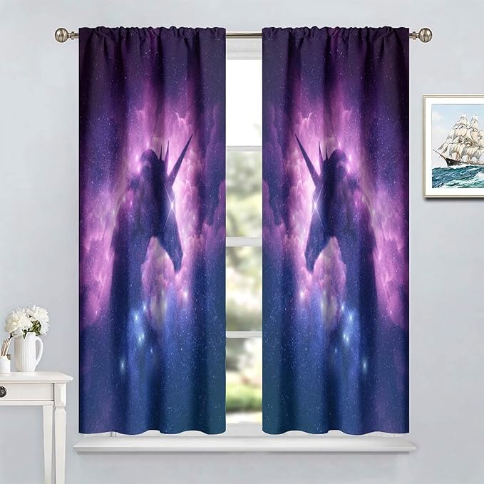 Unicorn Curtains Children's Cartoon Starry Sky Theme Unicorn Pattern Curtains Star Galaxy Boys Girls Room Blackout Curtains 42x54 Inch 2 Panels