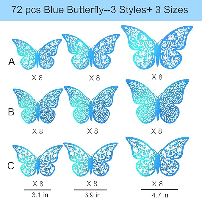 72Pcs 3D Butterfly Wall Decor 3 Sizes 3 Styles, Removable Butterfly Stickers Wall Decals, Butterfly Decorations Party Birthday Cake Decoration for Kids Nursery Wedding Bedroom Room(Blue)