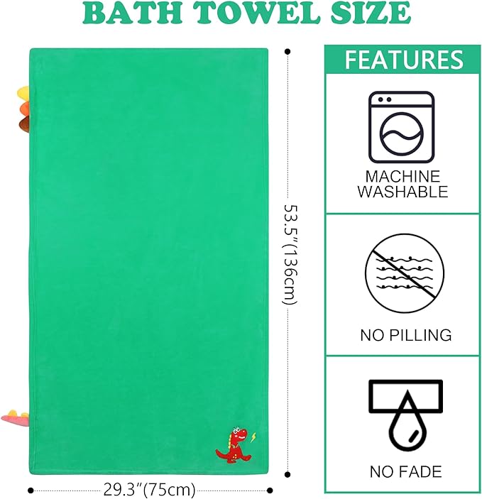 Kids Beach Towels Cute 3D Embroidery Dinosaur Super Absorbent Warm Coral Fleece Blanket Pool Bath Towel Wrap for Boys Girls, Measures 53.5 x 29.3 Inches
