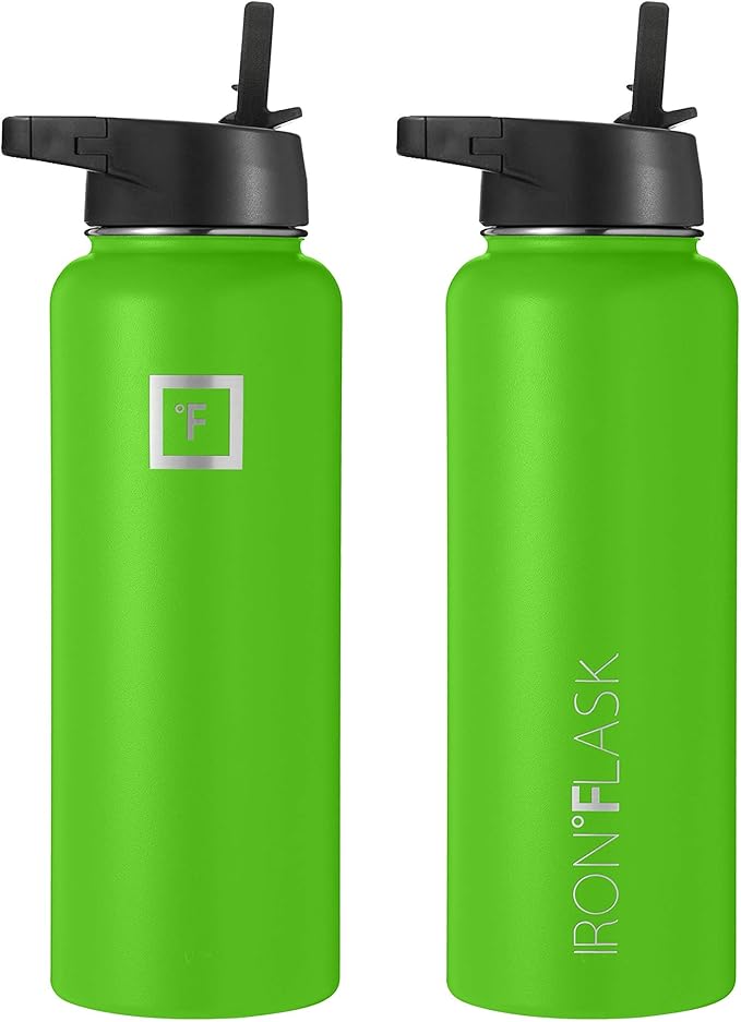 IRON °FLASK Sports Water Bottle - Wide Mouth with 3 Straw Lids - Stainless Steel Gym & Outdoor Bottles for Men, Women & Kids - Double Walled, Insulated Thermos, Metal Canteen - Kiwi Green, 40 Oz