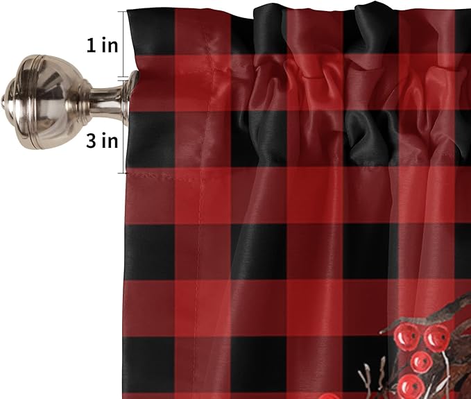 Merry Christmas Valance Kitchen Curtains for Windows, Winter Cardinal Holly Berries Rod Pocket Valances Window Treatments Red Black Plaid Short Curtains For Bedroom/ Living Room, 54" X 18" -1 Panel