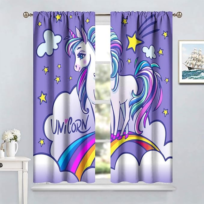 Kids Unicorn Curtains Purple Cartoon Rainbow Cartoon Room Blackout Curtains Boys Girls Baby Room Decor Curtains Living Room Decor 42x54 Inch 2 Panels