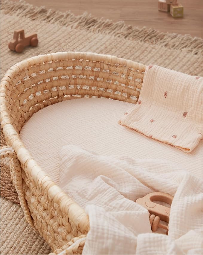 Blissful Diary Muslin Bassinet Sheets for Baby Girls Boys, Boho Soft Cotton Fitted for Oval Hourglass Rectangle Mattress, 2 Pack(Dusty Pink&Cream)