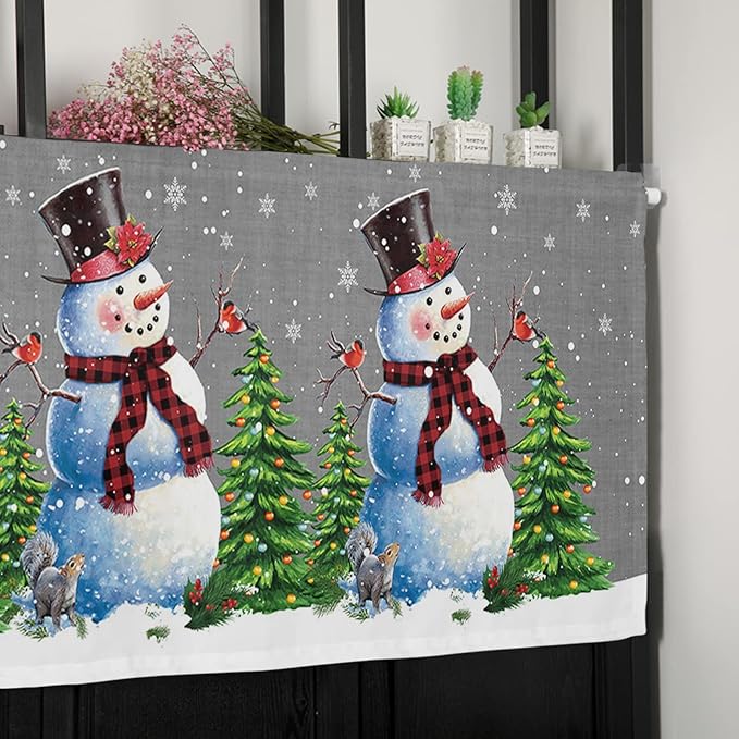 Christmas Snowman Kitchen Curtains Valances for Windows Winter Holidays Cardinal White Snowflake Rod Pocket Window Treatment for Kitchen /Living Room/Bedroom/ Bathroom,42" X 12" -1 Panel, Gray