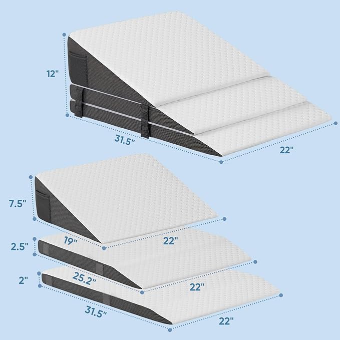 Forias Adjustable Wedge Pillow for Sleeping, 7.5 & 10 & 12 Inch Memory Foam Triangle Wedge Pillow Post Surgery for Back, Legs and Knee Support, Acid Reflux, Gerd, Heartburn and Snoring