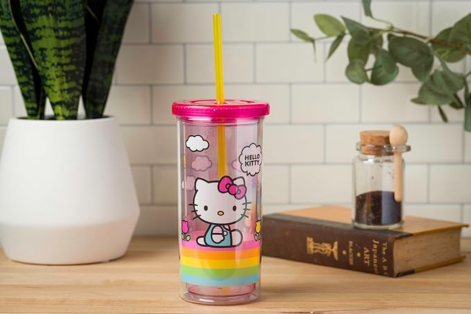 Silver Buffalo Sanrio Hello Kitty Spring and Summer Flowers Rainbow Stripes Plastic Cold Cup with Lid and Straw, 20 Ounces