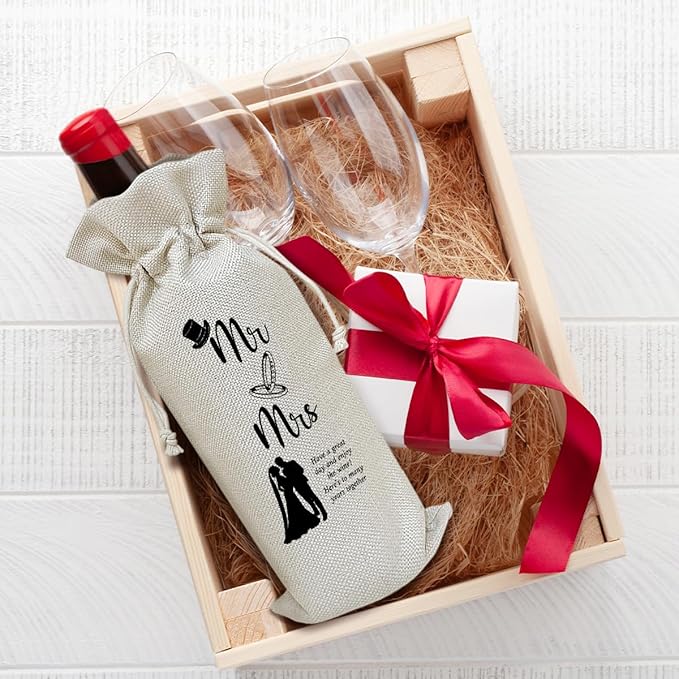 Engagement Wine Bag, Engagement Gift for Couples Friends Coworkers Sister Bestie, Mr and Mrs Wedding Gift Bag, Party Favor Wine Champagne Gift Bag With Drawstring -25