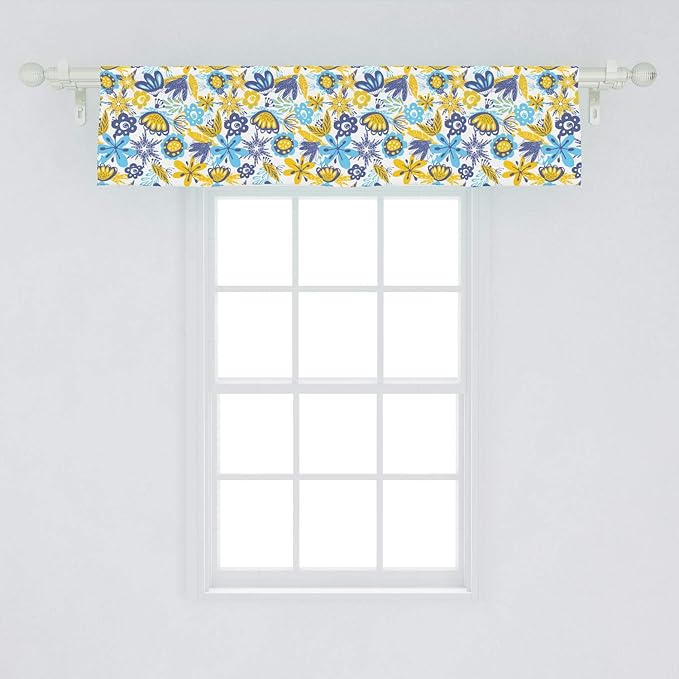 Ambesonne Floral Window Valance, Abstract Flowers Chrysanthemum Design and Tender Butterflies, Curtain Valance for Kitchen Bedroom Decor with Rod Pocket, 54" X 12", Yellow Blue