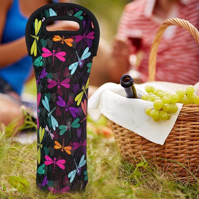 Dragonfly Ornaments Wine Gift Tote Carrier Black Purple Neoprene Wine Tote Bags Holder Cooler Wine Lover Gift