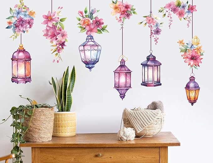 Hanging Flower Vine Wall Stickers Floral and Lamp Peel and Stick Wall Art Decals Flower Vine Wall Decor for Living Room Bedroom TV Background Spring Party Decoration