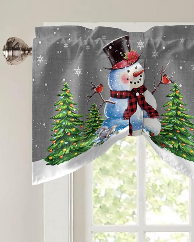 Christmas Snowman Blackout Tie Up Valance Curtains for Kitchen Windows Winter Holidays Cardinal White Snowflake Window Toppers Balloon Shades for Living Room/Bathroom/Bedroom,1 Panel,42" X 12" Gray