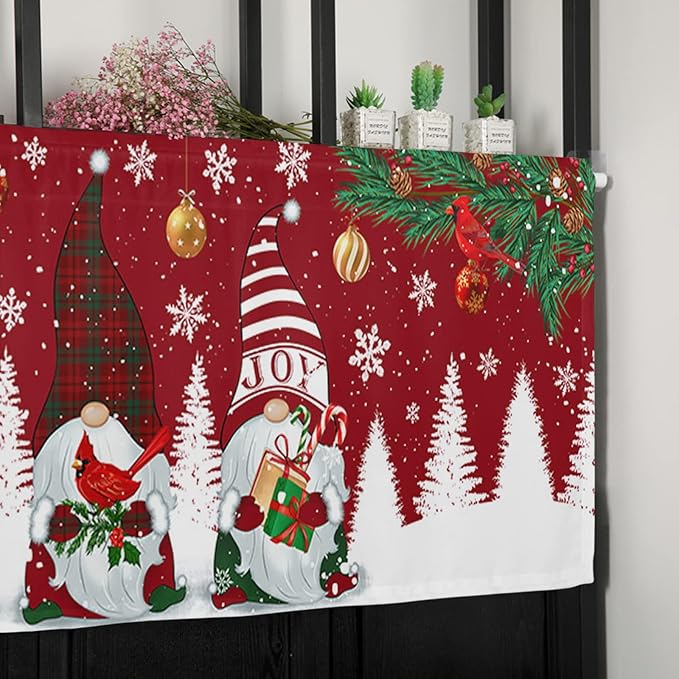 Christmas Gnomes Kitchen Curtains Valances for Windows Red Winter Holidays Rod Pocket Window Treatment for Kitchen /Living Room/Bedroom/ Bathroom,60" X 18" -1 Panel, White Snowflakes Xmas Trees