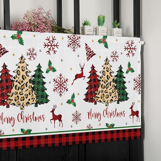 Merry Christmas Kitchen Curtains Valances for Windows Farm Christmas Tree Buffalo Plaid Leopard Rod Pocket Window Treatment for Kitchen/Living Room/Bedroom/Bathroom,42" X 12" -1 Panel, Holiday Decor