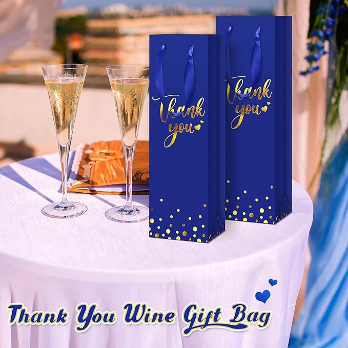 Ctosree 30 Pcs Wine Gift Bag for Wine Bottle Wedding Wine Thank You Gift Bag with Metallic Gold Foil Print Kraft Wine Paper Favor Bag with Attractive Rope Handle for Graduation Bottle(Royal Blue)