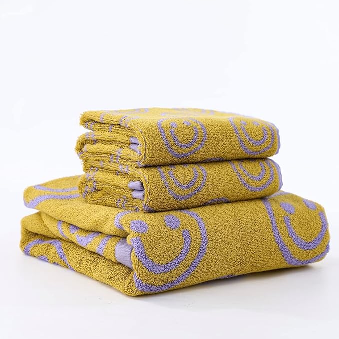 Luxury Purple Yellow Cute Smiling Face Bath Towel Sets for Bathroom, 1 Bath Towels 2 Hand Towels Washcloths, 100% Cotton Ultra Soft Highly Absorbent for Women Kids Girl Boy Face Body