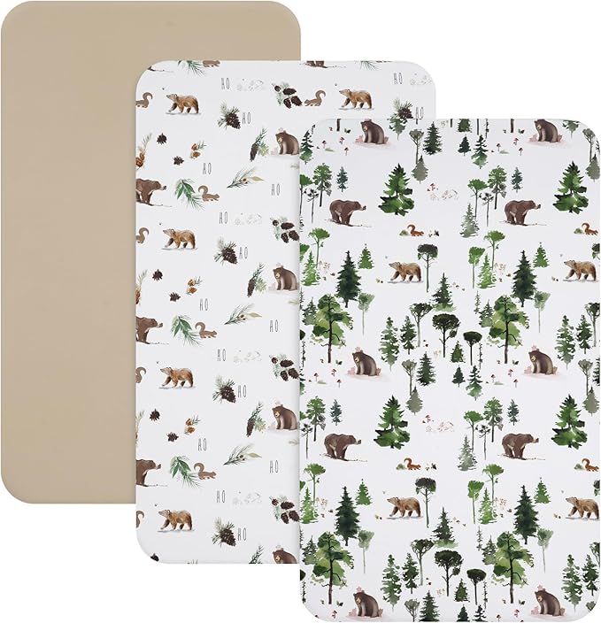 david's kids 3 Pack Mini Crib Sheets, Premium Pack N Play Sheets for Boys Girls Neutral, Soft Breathable Baby Sheets Fit Pack N Play, Playard and Mini Crib Mattresses, Woodland Animals