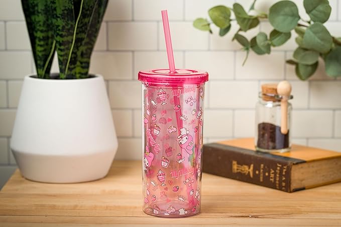 Silver Buffalo Sanrio Hello Kitty and Friends My Melody Strawberry Donut and Milkshake Pattern Plastic Cold Cup with Lid and Straw, 20 Ounces
