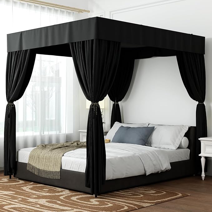 Hvqic Black Canopy Bed Curtains - 4 Corner Post Bed Curtains Full Bed Curtains Lightproof Drapes Bed Canopy for Adults & Girls Bedroom Decoration(Full,Black)