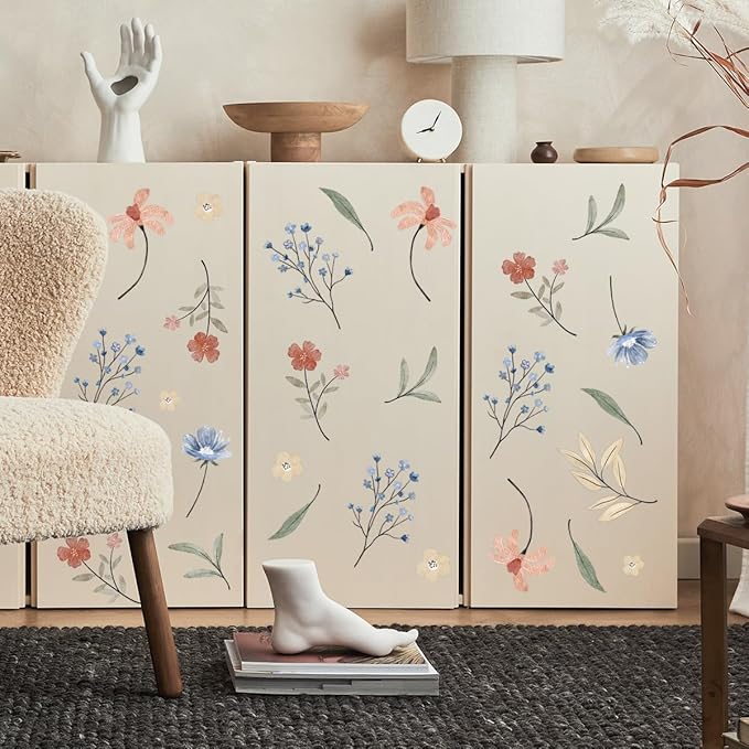 Boho Flower Wall Decals,Watercolor Flower Wall Art,Wildflower Wall Decals,Girls Bedroom Removable Wall Decals (Boho Colorful Flower Wall decals)