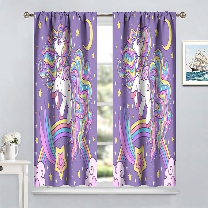 Unicorn Curtains Fantasy Star Moon Cartoon Theme Curtains Cute White Unicorn Rainbow Design Printed Curtains Boys Girls Room Curtains 55x63 Inch 2 Panels