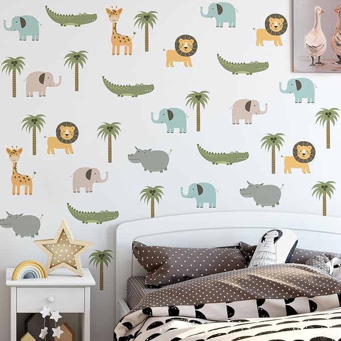 5PCS Cartoon Animal Wall Decal Removable DIY Elephant Hippopotamus Giraffe Lion Crocodile Wall Decal Peel and Stick Coconut Tree Wall Art for Baby Nursery Bedroom Living Room Playroom Decor (A)