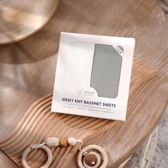 GRSSDER Stretchy Ultra Soft Fitted Bassinet Sheet 2 Pack, Universal Fit for Bassinets Baby Cradle Moses Basket Oval Rectangle Mattress Safe and Snug, Jersey Bassinet Sheets for Girls, White/Gray