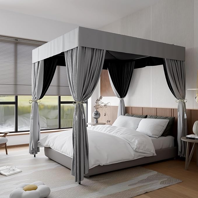 Hvqic Grey Canopy Bed Curtains - 4 Corner Post Bed Curtains Twin Bed Curtains Lightproof Drapes Bed Canopy for Adults & Girls Bedroom Decoration(Twin,Grey)