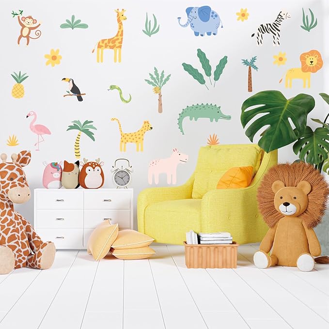 Animal Wall Decals Peel and Stick, 26 Pcs Jungle Safari Animal Decor for Boys Bedroom Nursery Computer Lockers Living Room