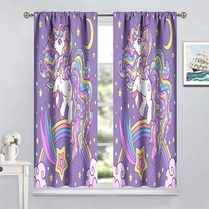 Unicorn Curtains Fantasy Star Moon Cartoon Theme Curtains Cute White Unicorn Rainbow Design Printed Curtains Boys Girls Room Curtains 63x63 Inch 2 Panels